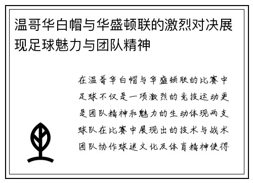 温哥华白帽与华盛顿联的激烈对决展现足球魅力与团队精神